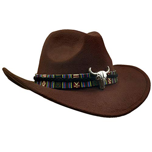 Yosang Wide Brim - Cappello da cowboy unisex, con cranio di toro in metallo, marrone, Taglia unica