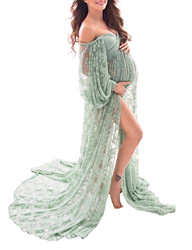 Saslax Suave encaje elástico fuera del hombro doblemente dividido una línea de falda vestido de maternidad embarazo Maxi vestido para sesión de fotos, Verde salvia, Medium