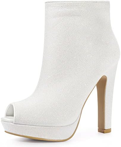 Allegra K Women's Glitter Platform Chunky Heel White Ankle Boots 7 M US