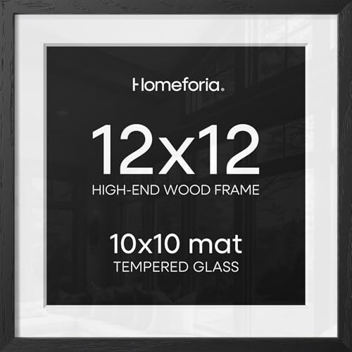 Image of Homeforia 12x12 Black Wood Frame Matted to 10x10 Print, High End Oak 12 x 12 Square Picture Frame with Mat 10 x 10 for Photo, 12by12 Black Wooden Thin Poster Frames, Tempered Glass, Wall Kit, Set of 1