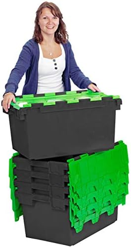 Pack of 2 - Large Plastic 80 Litre Heavy Duty Storage Boxes (71 x 46 x 36.8cm) Plastor Black and Green LC3 Crates with Attached Hinged Lids