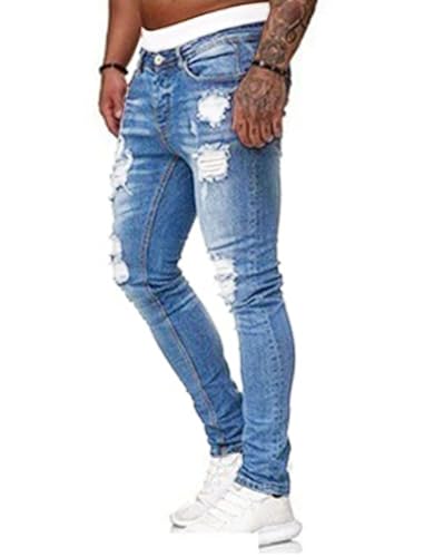 Image of HUNGSON Men's Blue Slim Fit Jeans Stretch Destroyed Ripped Skinny Jeans Side Striped Denim Pants
