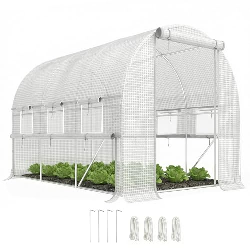 Outsunny 3 x 2 x 2m Polytunnel Greenhouse with Roll-up Sidewalls, Door and 6 Mesh Windows, Walk In Green House with UV-resistant PE Cover, White
