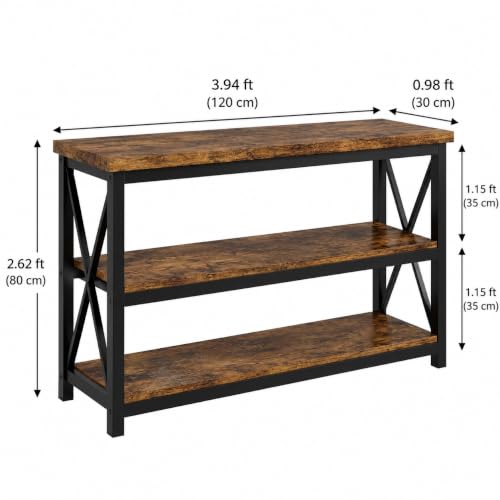 Image of 120 cm Entryway Console Table with Storage Shelves | 3-Tier Narrow Sofa Side for Hallway & Living Room | Metal Frame Rustic Brown Console Tables for entryway | Rustic Brown | 120x30x80 cm
