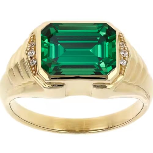 DONGHU Solid 10K 14K 18K Gold Mens Emerald Engagement Ring 4CT Emerald Cut Lab Created Emerald Ring for Men Anniversary Promise Wedding Ring Jewelry Gifts for Him Husband Father