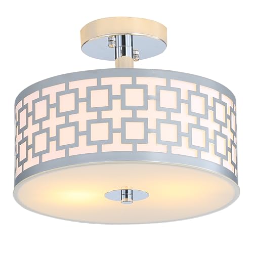 WillieSmart Semi Flush Mount Ceiling LED Light Fixture Hanging with Drum Shade for Dining & Living Room Kitchen Office Shop Entryway & Hallway Modern Chandelier Lamp Brushed Chrome Finish E26 Base by WillieSmart - Used condition - US$27.37