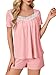 Rooscier Women's Pajama Set Lace Trim Short PJ Set V Neck Short Sleeve Sleepwear Nightwear Pink Medium