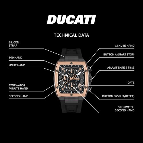 Image of DUCATI DT008 Chronograph Watch - Black Dial, Bold Rose Gold Accents, Screw-Detail Case, 40mm Silicone Strap, Water Resistant 50M, Multi-Layered Design, Black, strap