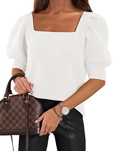 Image of Womens Puff Short Sleeve Sweater Tops Square Neck Casual Knit Pullover | Dressy Casual Blouses,Fall Shirts,Fashion Summer Clothing,Cute Spring Outfits,Work Shirts