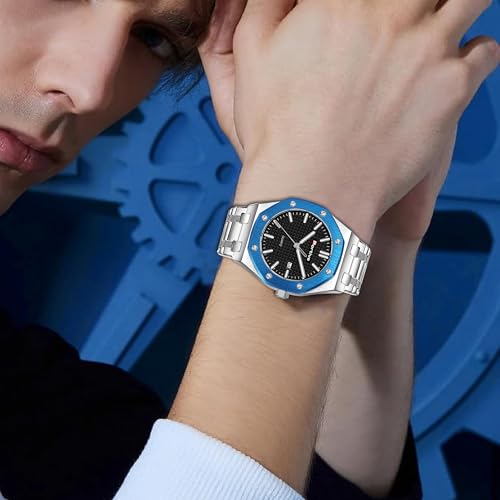 Image of Portive Quartz Watch for Men, Silver Stainless Steel Bracelet, Black Dial, Date Display, Octagonal Case