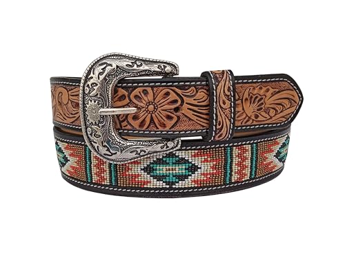 Western Tooled Leather Beaded Belt For Men and Women 30IS1142