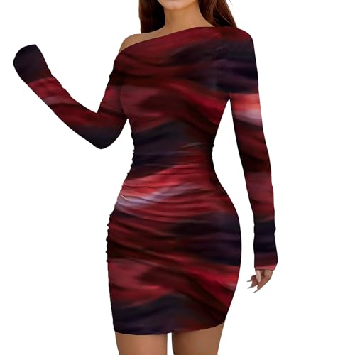 Image of Women's Long Sleeve Bodycon Mini Dress Tie Dye Print Slim Fit Asymmetrical Neck Elegant Formal Ruched Short Dresses