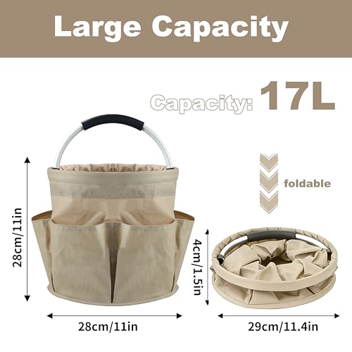 QIANAI Putzmittel Organizer, Reinigungskorb Mit Griff, Gartentasche Mit 6 Taschen, Foldable Waterproof 17L Cleaning Caddy Für Innenbereich,Garten,Badezimmer (Khaki)