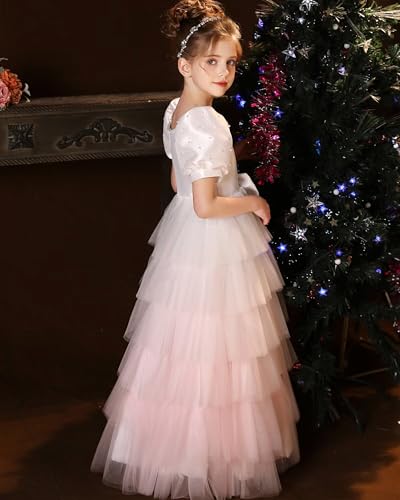 Flower Girl Dress Satin Pearls Princess Pageant for Wedding Tulle Layered First Communion Dress with Bow3