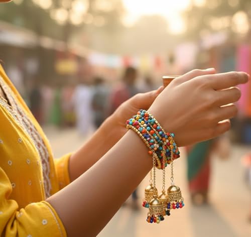 Image of Touchstone Indian Colorful Bead Bracelet Bollywood Beaten Metal Beads Openable Broad Cuff Bracelet in Gold or White Tone for Women.