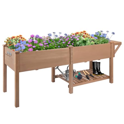 ketive Raised Garden Bed with Legs Outdoor,Elevated Garden Box,Storage Shelf, Protective Liner for Backyard,Patio,Balcony,80x23x30in (Brown)