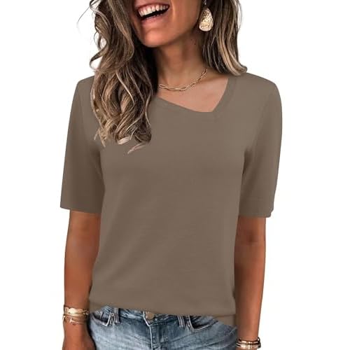 Rapbin Womens Short Sleeve Sweater Asymmetrical Neck Dressy Casual Fashion Summer Pullover Tops Sweater Blouse 2026