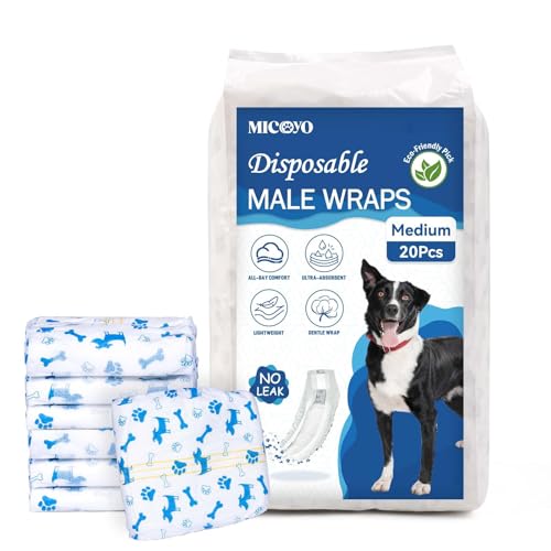 MICOOYO Pannolini usa e getta per cani maschi, mutandine super assorbenti per cani maschi, pannolini per cani con indicatore di umidità (M, confezione da 50)