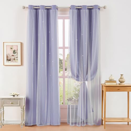 Image of indistar Star Cutout Kids Window Blackout Curtains for Girl Bedroom Window Room Darkening Curtains & Drapes Baby Nursery Curtains (2 Panel,35Wx72L inch,Lavender)