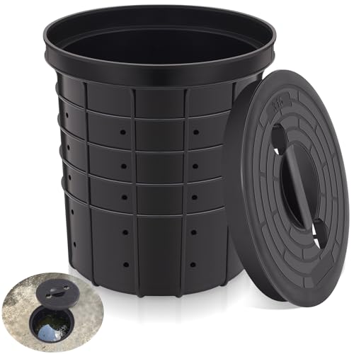 Memorywuu Perforated Sump Basin with Lid Sump Pump Basin Bucket with Drilled Holes for Crawl Spaces Yards Patios and Driveways(Black 13 x 11.4 x 15 Inch)