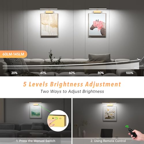 Picture Light with Remote, 15.35inch Wireless Rechargeable Battery Wall Light for Paintings, 3 Colors Paintings Light Dimmable and Timer Metal Art Light for Display, Wall, Artwork, Gallery (Gold) - Thumbnail 4