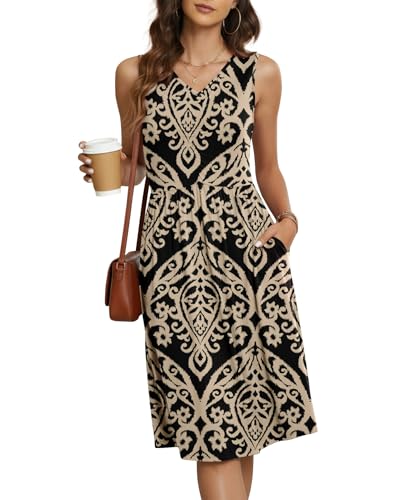 Image of NILOUFO Sleeveless Dress for Women Summer Knee Length Sundress with Pockets | Sundresses for Women Tank Empire Waist Sun Dress Cold Shoulder Casual V Neck Midi Dress Flowy Summer Dresses for Women