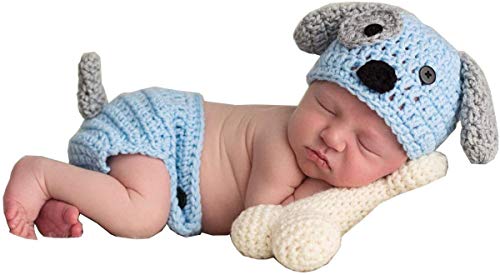 Newborn Baby Boy Girl Photo Props Outfits Crochet Knitted Dog Hat Shorts with Bone Set for Boys Girls Photography Shoot (Blue & White ï¼1-12 Months)