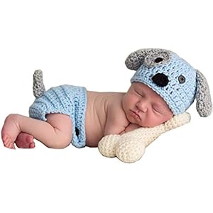 Newborn Baby Boy Girl Photo Props Outfits Crochet Knitted Dog Hat Shorts with Bone Set for Boys Girls Photography Shoot…