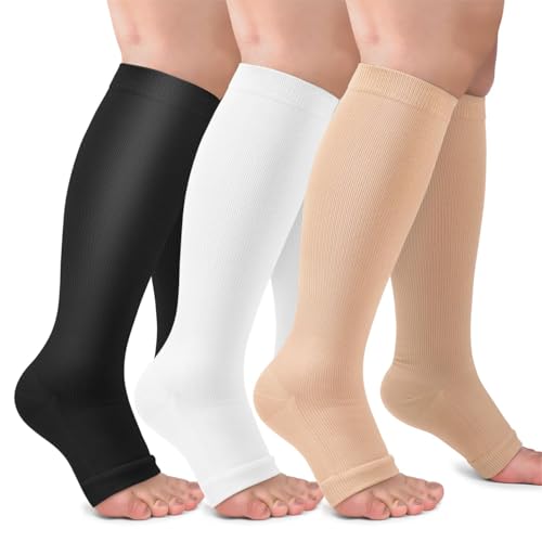 Kompressionsstrümpfe Damen und Herren,15-20mmHg Thrombosestrümpfe Offene Spitze Stützstrümpfe Kniestrümpfe Compression Socks Stützkniestrümpfe Reitsocken Laufkleidung(Schwarz/Weiß/Hautfarbe,L-XL)