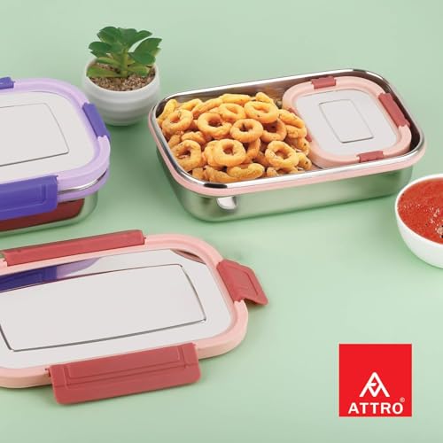 Image of ATTRO Sparkle Medium Stainless Steel Lunch Box 2-Piece Set - 800ml + 150ml - Leak-Proof, BPA-Free, Compact & Durable - Ideal for Kids, Office, Travel - Peach
