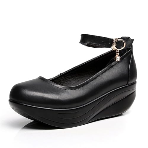 Women's Genuine Leather Waterproof Platform Wedge Mary Jane Shoes with Ankle Straps Non-Slip Lightweight Soft Sole Round Toe Causal Dress Pumps for Daily Business Formal