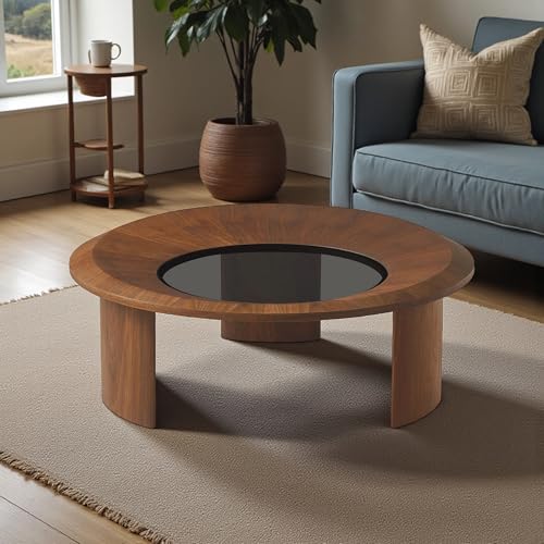 Image of The Attic Orion Walnut Coffee Table | Contemporary Round Wood Table with Glass Center | Chic Minimalist Centerpiece for Modern Living Rooms