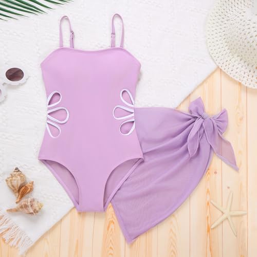 IBTOM CASTLE Kids Girls Swimsuit Adjustable Straps Swimwear Cutout One Piece Bathing Suit with Cover Up Skirt Light Purple 13-14 Years — view 3