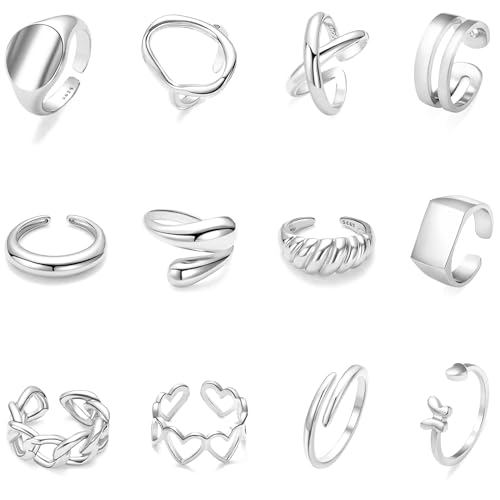 Inerney 12PCS Silver Rings Set for Women Stacking, Statement Knuckle Ring Pack, Fashion Open Adjustable Rings for Jewelry Gift