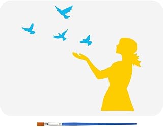 FINGERINSPIRE Woman Releasing Birds Stencil for Painting 8.3x11.7inch with Paint Brush Hollowed Woman Silhouette Template Flying Birds Painting Stencil Character Theme Template for Home Decoration