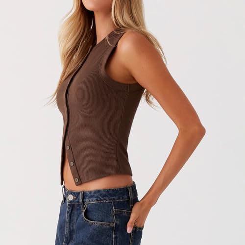 Faretumiya Women Button Down Tank Top Ribbed Summer Vest Tops Slim Fit Open Front Sleeveless Crop Shirt4