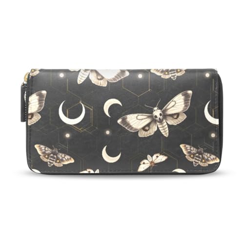 Long Wallets Leather Bifold Wallet for Women Death Moth Butterfly with Zipper Credit Card Holder Large Capacity