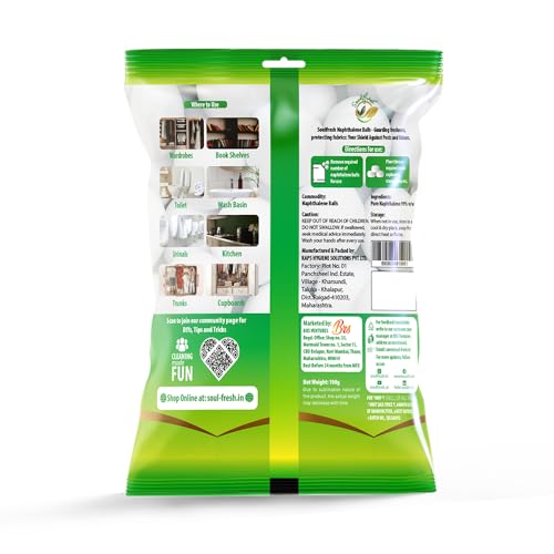 Image of SOULFRESH Naphthalene Balls Kapoor Goli Stain-Free Insect Repellant Mothballs Sanitary Cubes for Commercial Use Cloth Wardrobe, Almirah, Bookshelves, & Drawers-Pack of 4 (Total 400gm)