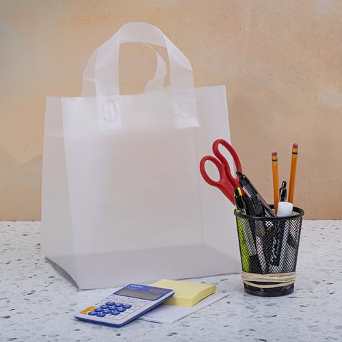 Prime Line Packaging White Plastic Bags with Handles, Small Frosted Bags for Boutique Use, Shopping, Business, Retail, Takeout Use, Bulk, 9x8x10, 100 Pack