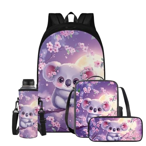 Ystardream Large Capacity Backpack for Teen Girls Cute Koala Backpack and Lunch Box Set 4 Piece Student Back to School Book Bag with Front Pocket for Primery School Kids 1-6th Grade School Use