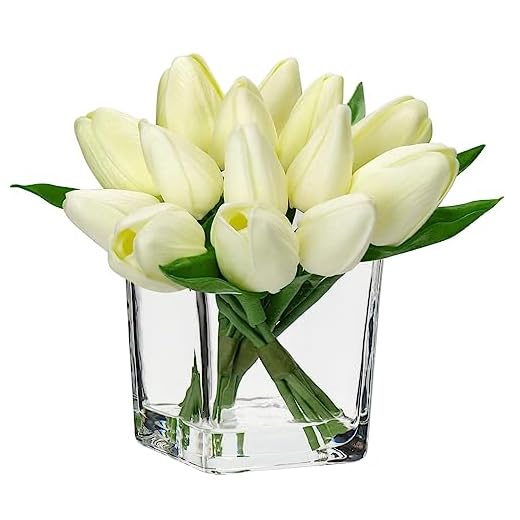 DILATATA Artificial Cream Tulips in Vase with Faux Water 5.5" Real Touch Flowers Fake Tulips Small Flowers Arrangement in Cube Glass Vase for Dining Table Centerpiece Wedding Home Decor