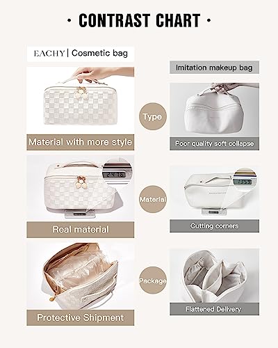 Eachy Travel Makeup Bag,Large Capacity Cosmetic Bags For Women,Waterproof Portable Pouch Open Flat Toiletry Bag Make Up Organizer With Divider And Handle (Plaid-White) #TOP3