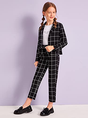Milumia Girl's Two Piece Outfit Plaid Open Front Blazer And Tie Front Pants Set Black 11-12 Years #TOP2