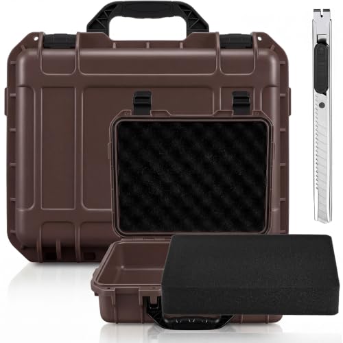 Image of Relaxweex 1 Pcs Waterproof Hard Case with DIY Customizable Foam Insert Portable Protective Case with Knife for Camera Drones Equipments Tools Test Instruments(Brown,14.3 x 11.4 x 4.5 Inch)