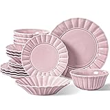 HOMBENE Plates and Bowls Sets for 4, 16 Piece Dinnerware Sets, Porcelain Plate set, Ceramic dish set, Wedding kitchen & dining, Microwavable Dreamy Sakura Pink