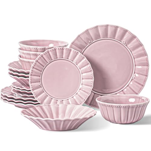 HOMBENE Plates and Bowls Sets for 4, 16 Piece Dinnerware Sets, Porcelain Plate set, Ceramic dish set, Wedding kitchen & dining, Microwavable Dreamy Sakura Pink