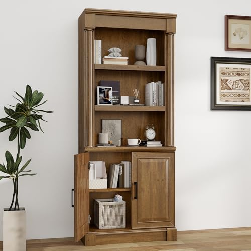 blini 72" Tall Bookcase with Doors, Vintage Oak Bookshelf with Adjustable Shelves, Large Wooden Bookcases for Living Room, Library, Study Room & Bedroom, Large Storage Cabinet