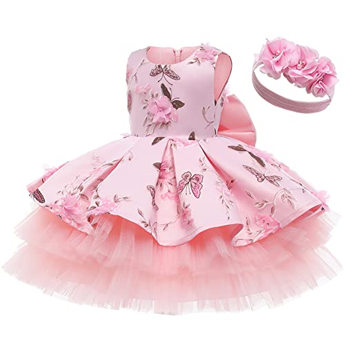 Flower Wedding Bridesmaid Short Gown For Girls Baby Toddler Butterfly Sequins Bowknot V-Back Tulle Tutu Communion Wedding Pageant Birthday Party Dress+Headband Outfit Floral Pink 18-24 Months #TOP1