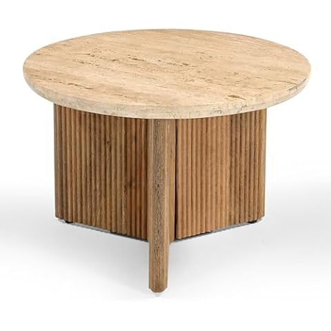Limari Home Kravian Collection Modern Living Room Round End Table with Marble Top, Travertine Beige Cover
