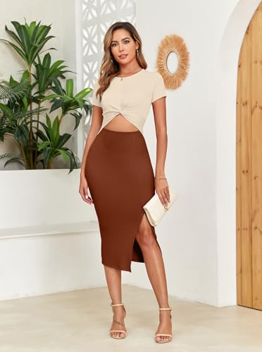 Image of oten Women's Summer Short Sleeve Cutout Twist Front Side Slit Ribbed Knit Party Club Bodycon Midi Dresses